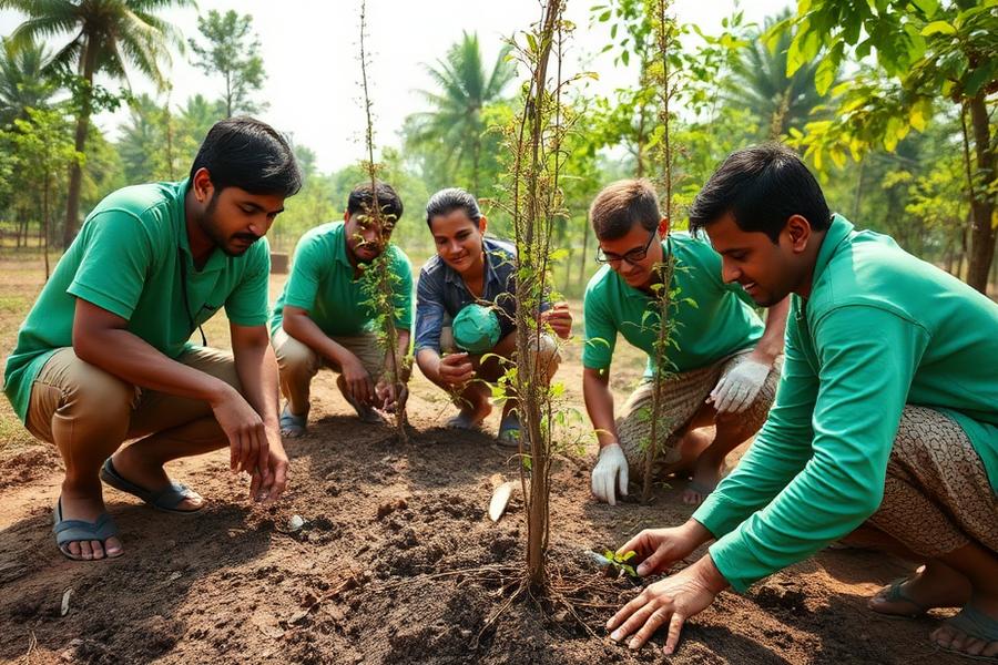 Volunteers planting saplings during a plantation drive