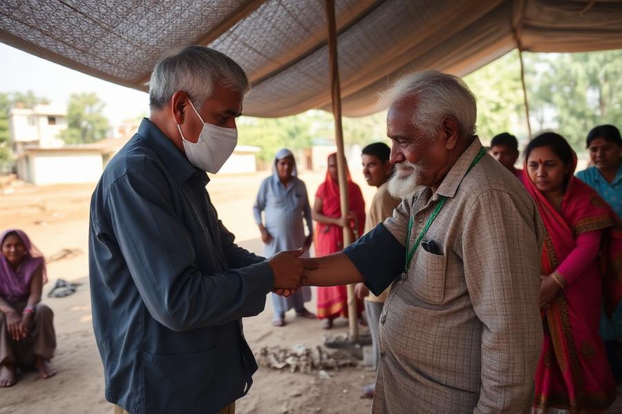 Doctor examining an elderly villager at a health camp